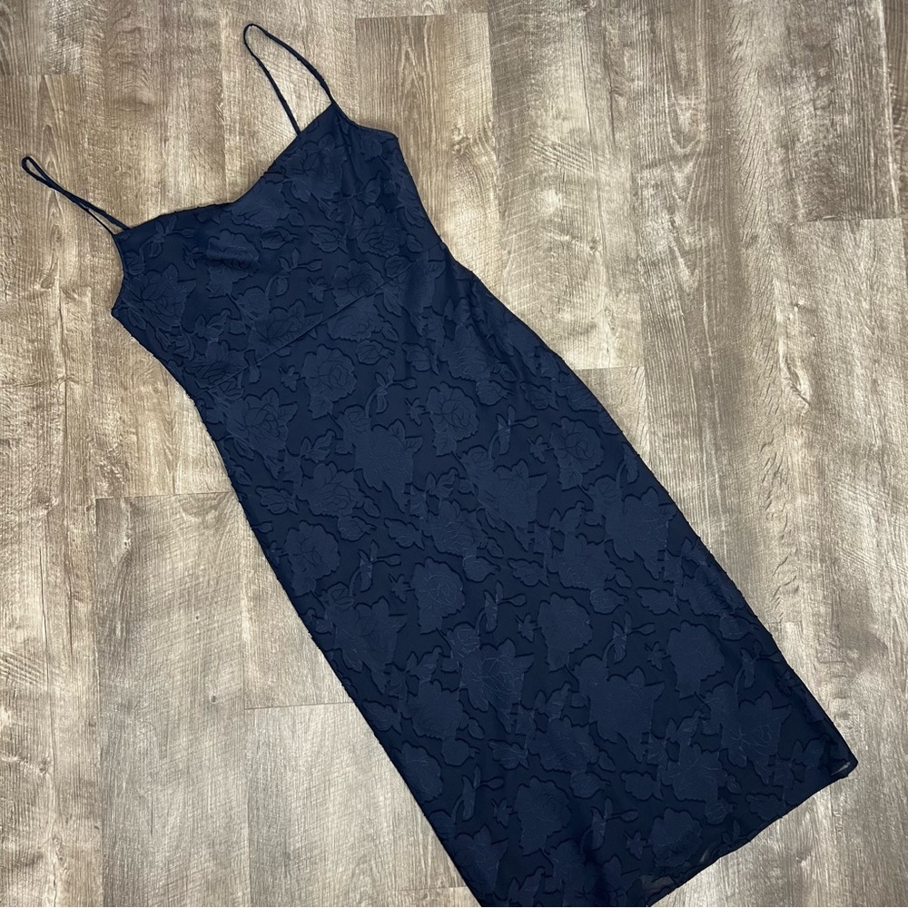 Anthropologie Navy Blue Floral Textured Midi Dress